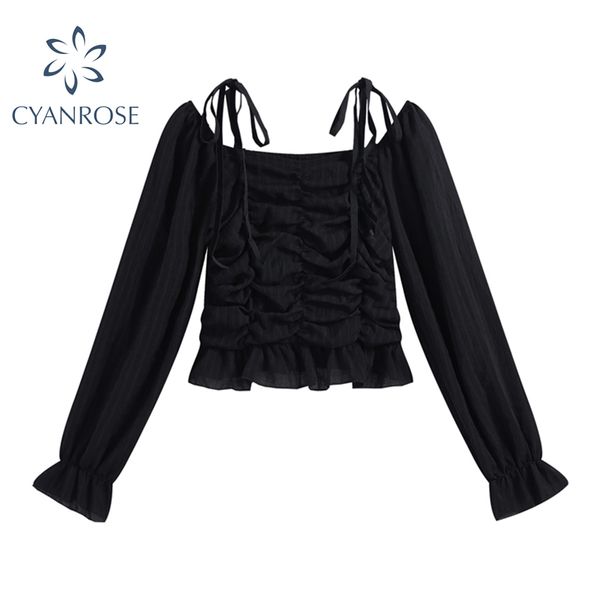 Ремешок драпированный женский черный урожай блузки сутчики шеи сексуальные вспышки с длинным рукавом тонкие летние рубашки шикарные корейский E Girl Blusas Tops 210417