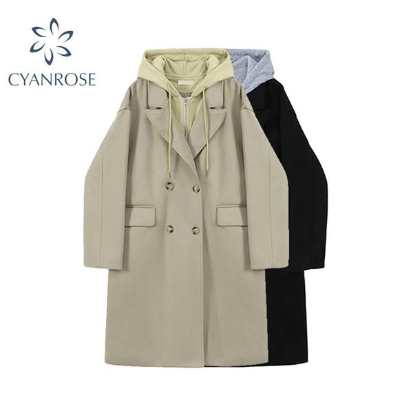 

women's wool & blends fake two piece hoodies long woolen coat women solid warm thicken zipper button winter 2021 casual loose female tr, Black