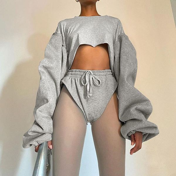 

women's tracksuits ladies sweatshirt and shorts two-piece suit fashion personality pullover sweater solid color loose short, Gray