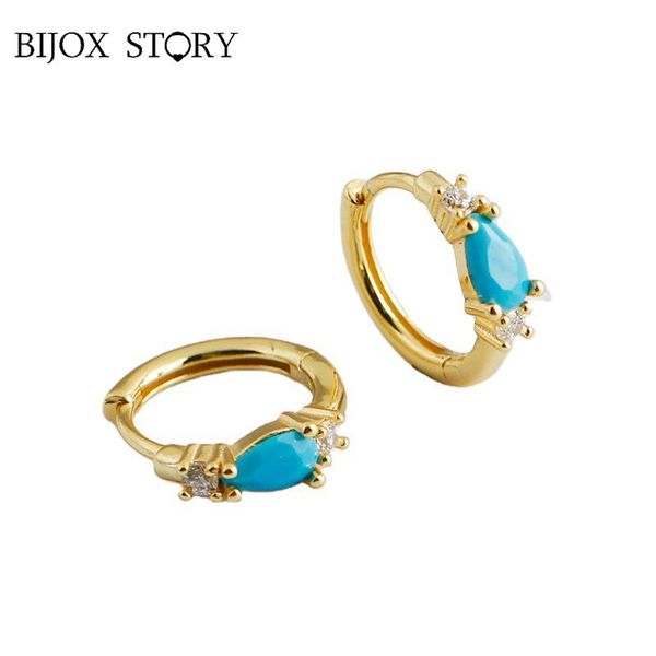 

stud bijox story blue turquoise zircon earrings for women real 925 sterling silver water drop anniversary engagement fine jewelry, Golden;silver