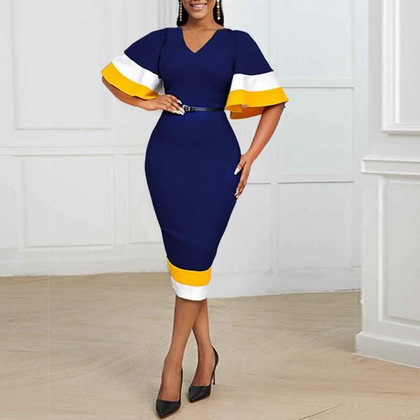 

casual dresses oten striped slim party bodycon midi dress women ruffle sleeve summer color block belted vestido azul royal oficina, Black;gray