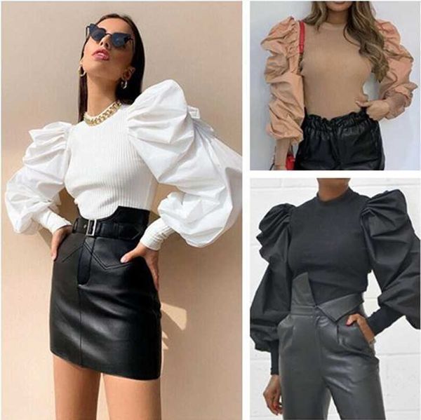 

winter autumn and ins bubble sleeve long slim bottomed t-shirt women's wear, White