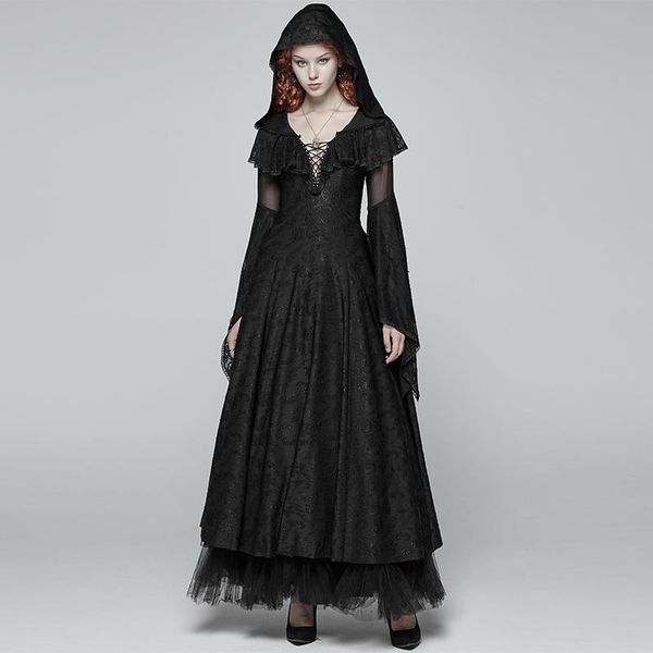 

casual dresses punk rave women vintage gothic black witch lace evening party fashion hooded dress, Black;gray