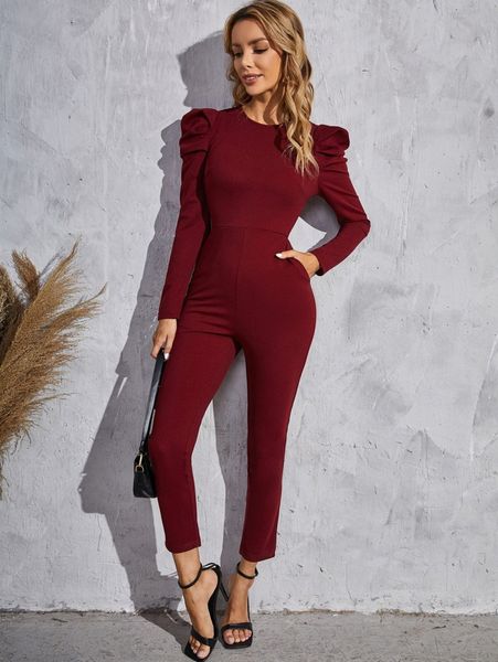 

solid gigot sleeve jumpsuit g7ws#, White