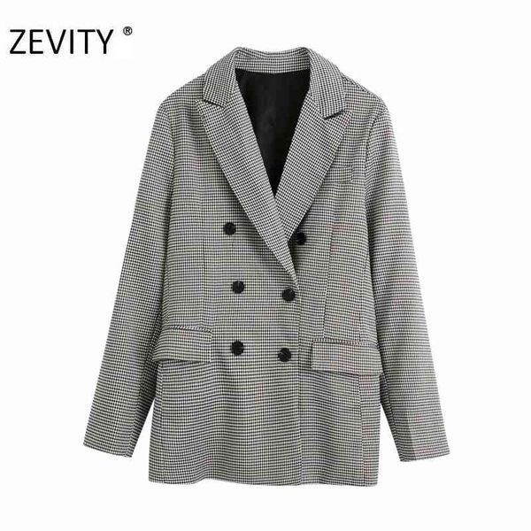 

zevity women vintage double breasted plaid print blazer coat office ladies pockets causal stylish outwear suits ct586 210419, White;black