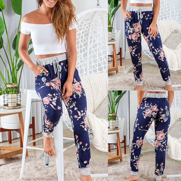 

bandage casual pants fashion loose lace flower print for women, Black;white