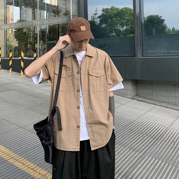 

men's casual shirts techwear style cargo shirt summer short sleeve button up cardigan blouse for men clothes clothing japanese fashion, White;black
