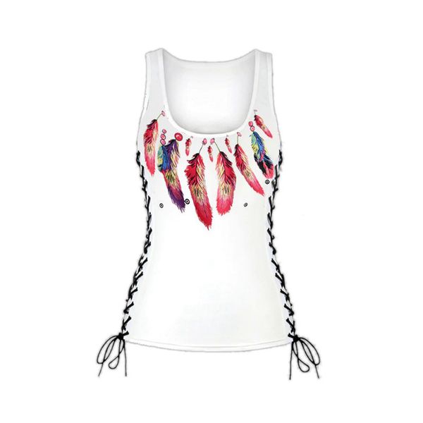 

fashion t-shirts 2021 new women's sleeveless , feather print, strapping vest, White