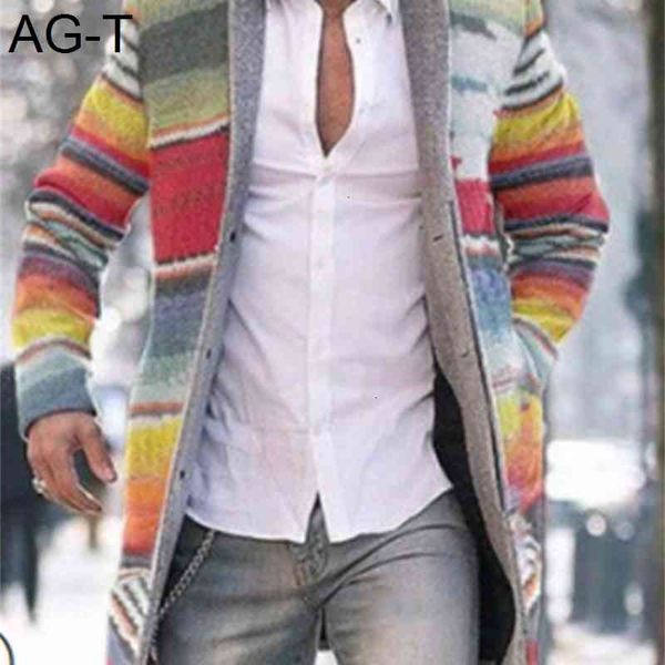 

men's long blazer coats office overcoat 4xl autumn and winter rainbow print long warm coat men plus size outwear black warm