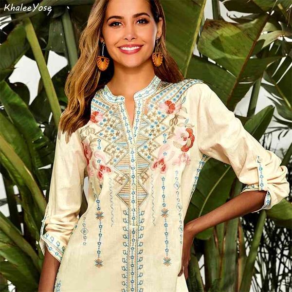 KHALEE YOSE Vintage Blumenstickerei Blusen Hemd Boho Mexikanische Hemden Herbst Langarm Plus Größe 2XL 3XL Ethnische Hippie Tops 210719