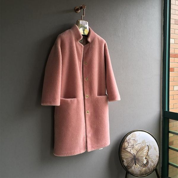 

women's fur & faux natural wool coats outerwear women warm jackets female stand collar pockets single breasted overcoat 2021 autumn win, Black