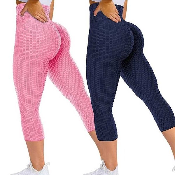 Fittoo Mulheres Ruched Butt Leggings Cintura Alta Cacho de Calça Tummy Treino Texturizado Sexy Booty Cropped 211108