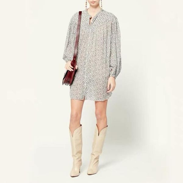 

casual dresses 2021 autumn style french print lantern sleeve cotton dress, Black;gray