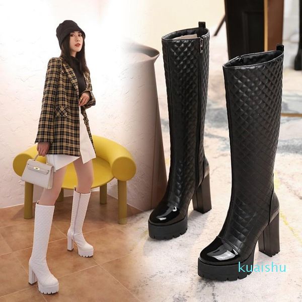 

boots women round toe thick heels knee-high artificial leather side zipper booties waterproof platform autumn winter, Black