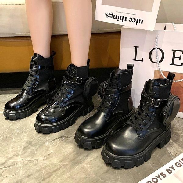 

fashion autumn winter women's thick-soled leather boots casual lace-up high, Black