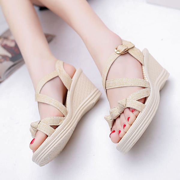 

sandals peep toe fashion platform wedges women cross-strap print buckle strap shoes med front rear 63po, Black