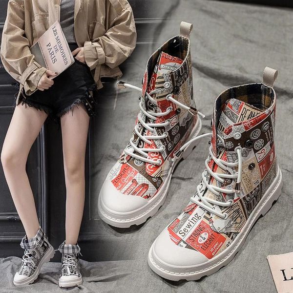 

boots retro classic women waterproof flat casual autumn shoes foldable graffi platform outdoor short ankle trend, Black