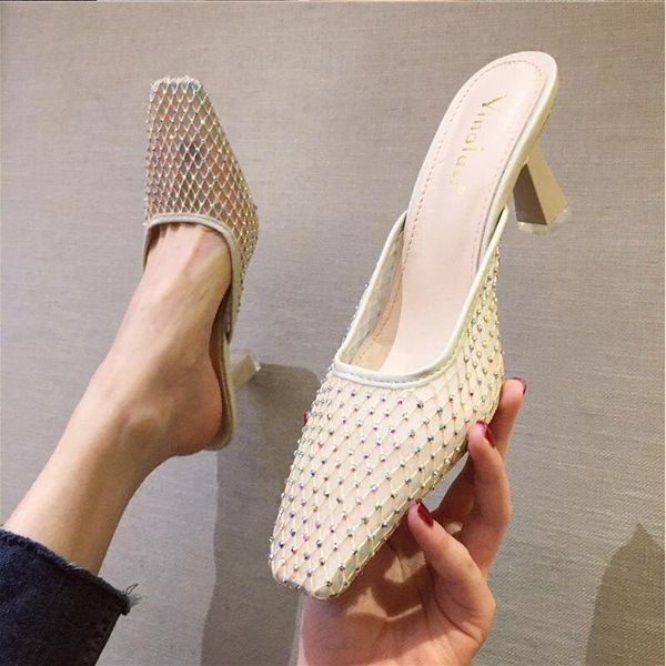 

vintage square toe high heel sandals women solid open slipper women's summer designer shoes, Black
