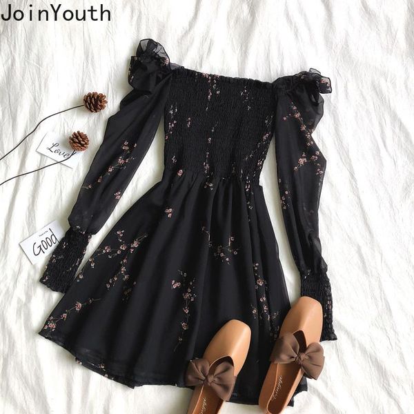 

joinyouth chiffon dress women korean print floral sweet vestidos spring off shoulder high waist fashion dresses 2021 j433 casual, Black;gray