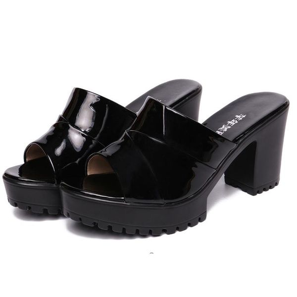 

white black platform slippers patent leather shoes block heels for ladies 2021 fashion women's work party
