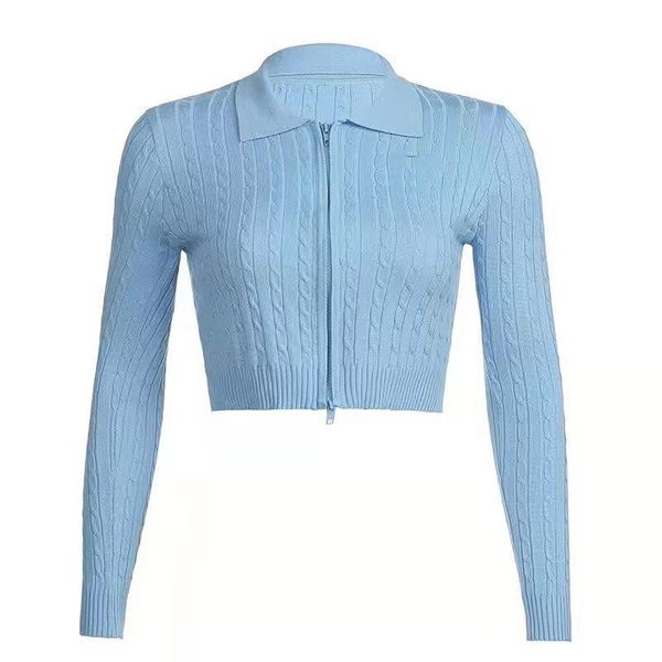 

luxury women's knits polo neck cardigan double zipper female coats, White