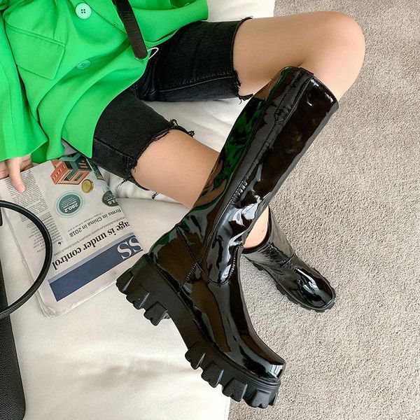

boots women's knight autumn patent leather shoe show thin middle shoes elastic high female long, Black