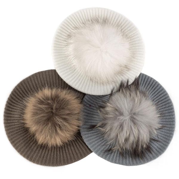 

berets retro acrylic beret hat for women winter autumn spring french solid color fashion cap korean vintage raccoon fur pompom, Blue;gray