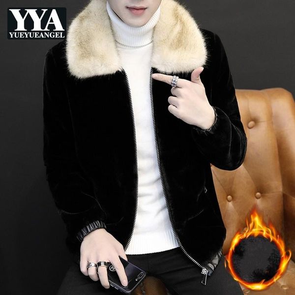 

men's fur & faux winter mens slim fit warm fleece lining jacket korean business casual artificial collar coat zipper man jackets 2xl, Black