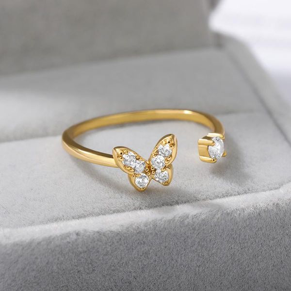 

fashion luxury shining butterfly rings for women zircon crystal jewelry korean style adjustable sweet finger ring gift cluster, Golden;silver