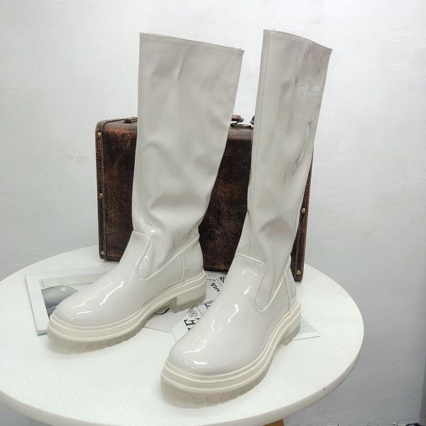 

boots 2021 design shoes woman platform whole white patenter leatehr zapatos de mujer round toe botas knee high pumps, Black
