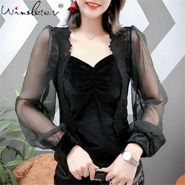 

t shirt ladies elegant lace partchwork t-s spring lantern sleeve v neck velvet tee women clothing 210421, Black;gray
