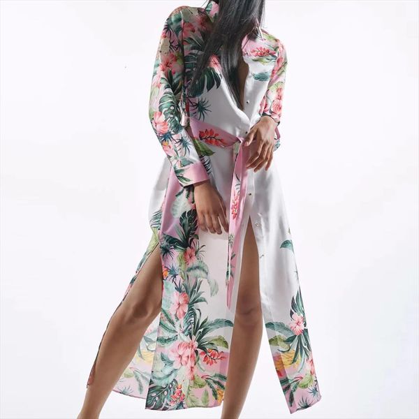 

za lapel side split womens dress shirt fashion squiggle vestidos single breasted printed midi bow sashes flower robe, Black;gray