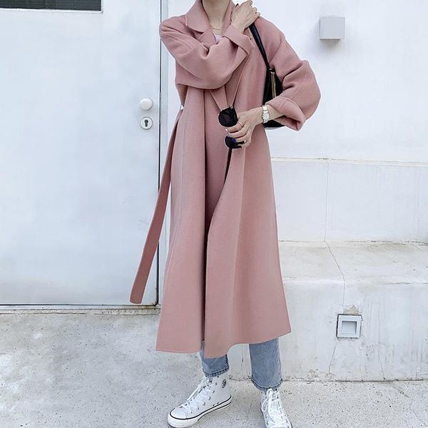 

women's wool & blends 2021 spring women double woolen coat turn down collar long pink color winter cashmere casaco feminino k1043, Black