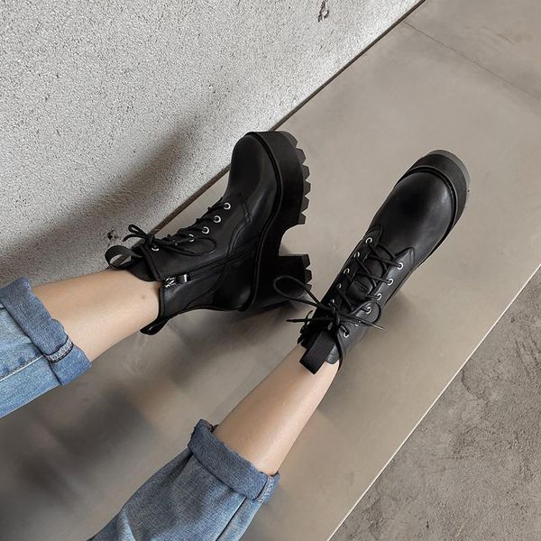 

boots women's shoes spring autumn square heel female footwear high heels ankle platform black punk snow winter fur ymb314