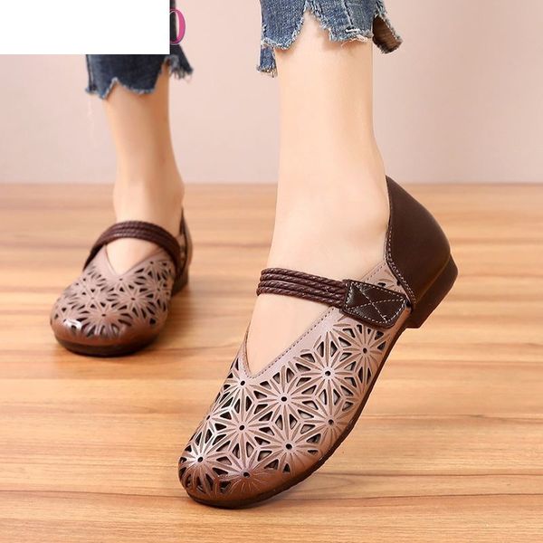 

sandals genuine leather summer shoes woman flats hollow breathable hook&loop casual flat comfortable women o7vs, Black