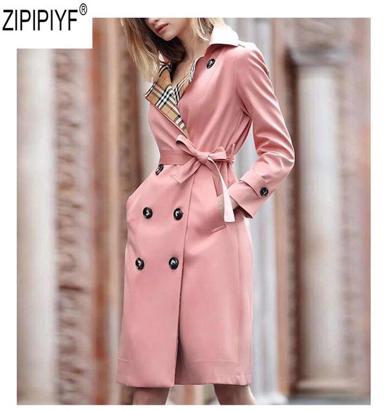 

women's trench coats 2021 autumn solid double breasted turn down collar long sleeve slim coat female style windbreaker c2593, Tan;black