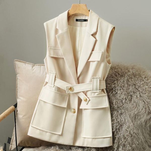 

women's korean style solid spring autumn vest sleeveless coat with belt elegant office ladies waistcoat jacket female vests, Black;white