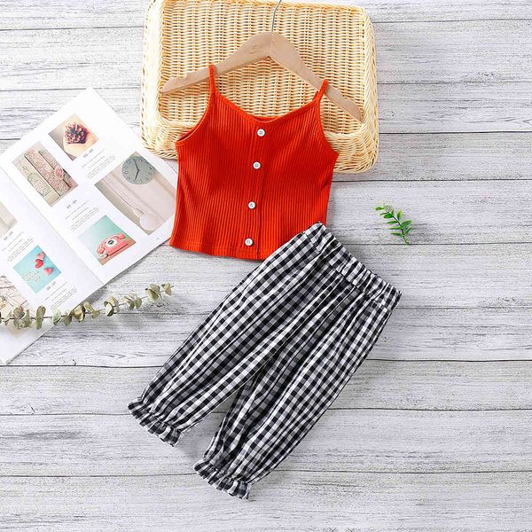

girl's dresses summer kids clothing sling plaid trousers 2pcs sets children's outfits suit for s 3vp7, Red;yellow