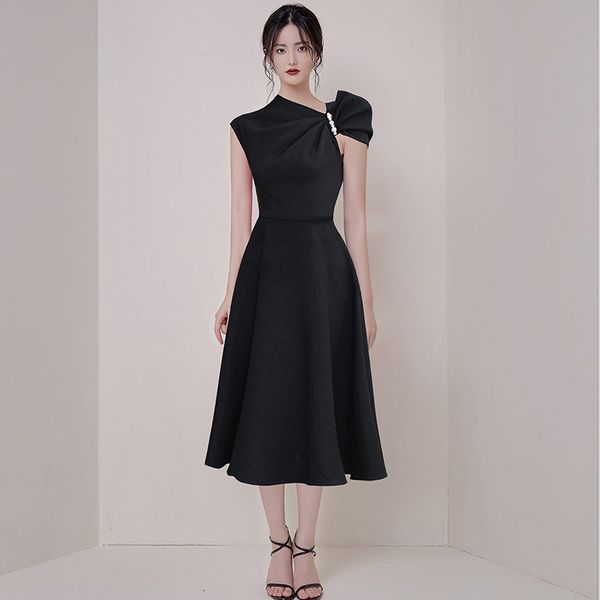 

casual dresses summer women oblique black asymmetric collar pearls bow elegant lady sleeveless high waist big swing long part, Black;gray