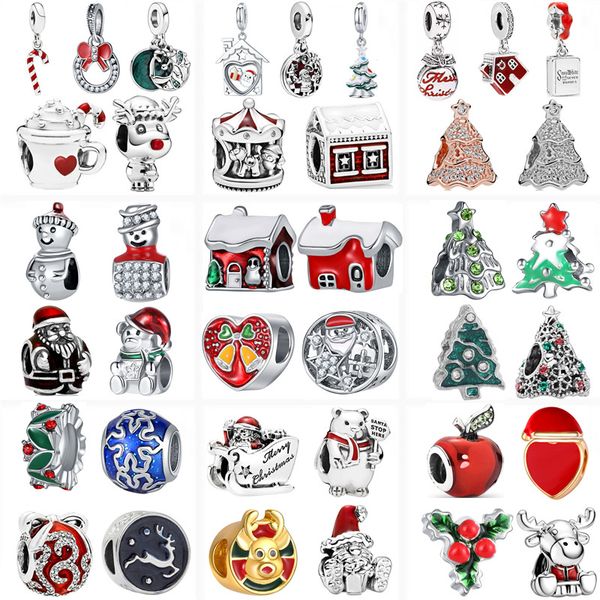

new christmas tree santa claus snowman house reindeer classic beads fit pandora charm bracelet diy silver jewelry, Black
