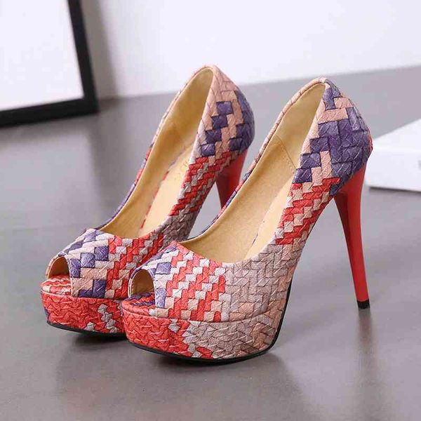 

dress shoes women spring summer pumps pu leather platform peep toe slip-on thin heels mixed color club lady party female l000, Black