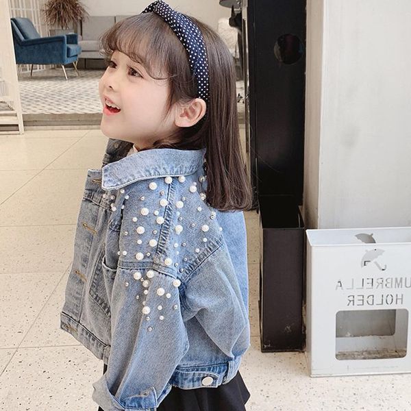 

jackets 2021 fashion toddler kids girl spring autumn denim jacket long sleeve pearl decorate loose outwear children coat for 2-7y girls, Blue;gray