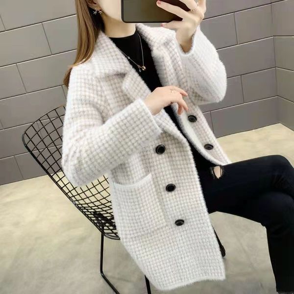 

wool imitation mink sweater medium long plaid coat korean loose knitted suit collar autumn and winter new women's wear, Black