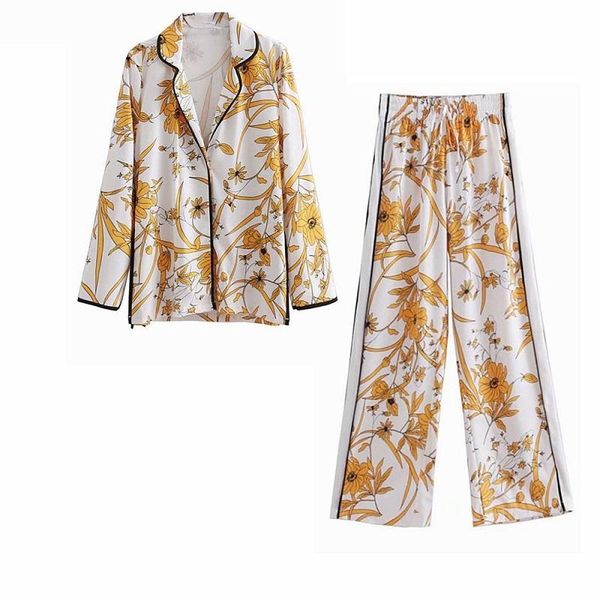 

women set spring autumn yellow floral printed long sleeves blouse loose trousers female vintage shirt wide leg pants suits women's two, White