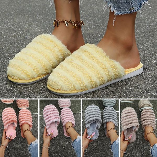 

slippers hairy shoes women winter 2021 color matching stripes baotou half flat home cotton for, Black