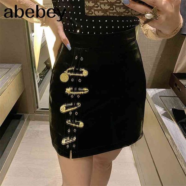

patchwork pins asymmetrical women's skirts high waist pu leather casual mini skirt for female fashion clothing 210629, Black