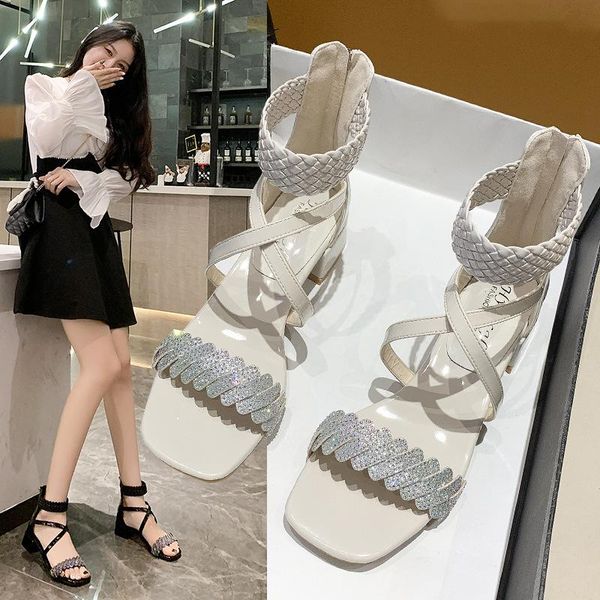 

sandals comfort shoes for women rhinestone open toe strappy heels suit female beige cross cross-shoes peep fashion black low gi