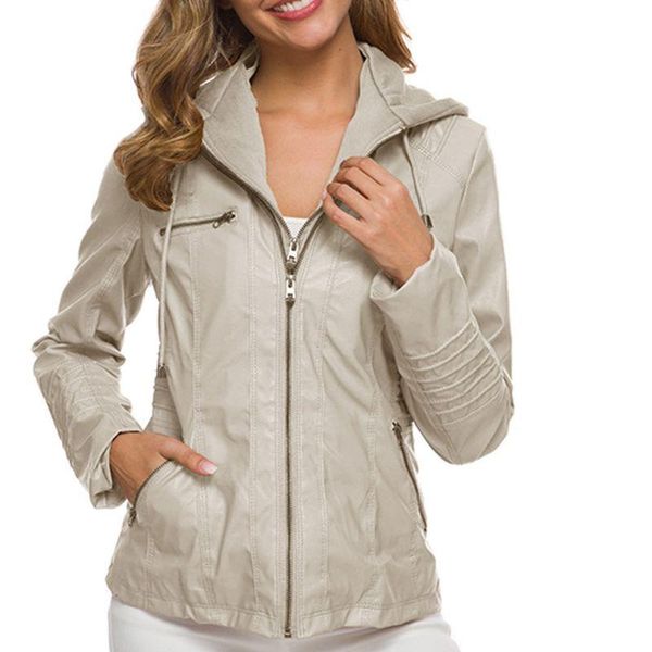

womens plus size faux leather short jacket with detachable drawstring hood stand collar casual motorcycle zip up long sleeve out women', Black;brown