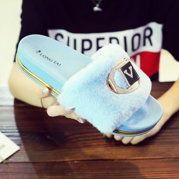 

warm shoes woman winter slippers fashion faux fur women slip on flip flops female slides, Black