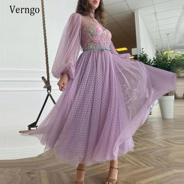 

party dresses verngo lilac dotted tulle short prom long puff sleeves lace underneath tea length 2021 purple formal gowns, White;black